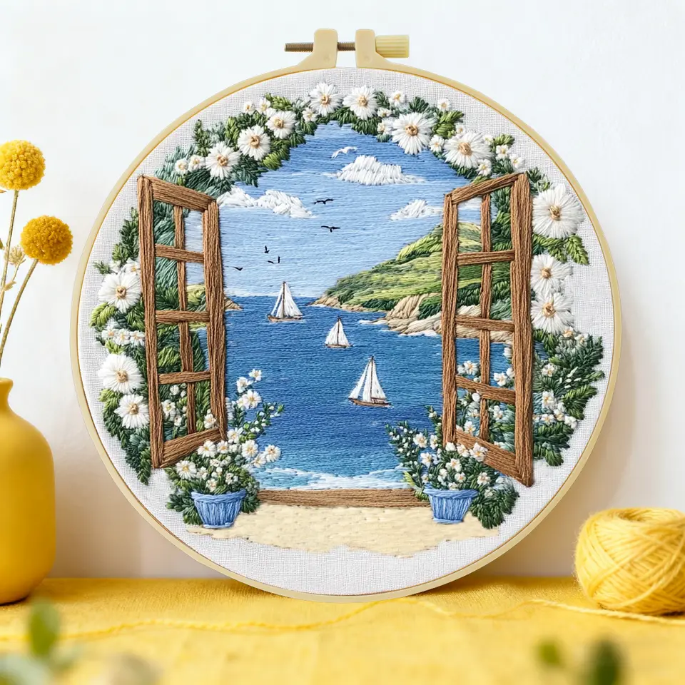 مجموعة بدء التطريز قطعة واحدة 20x20 سم/15x15 سم 7.87/6.3 بوصة مجموعة DIY لديكور المنزل ومنظر الشاطئ ومجموعة التطريز