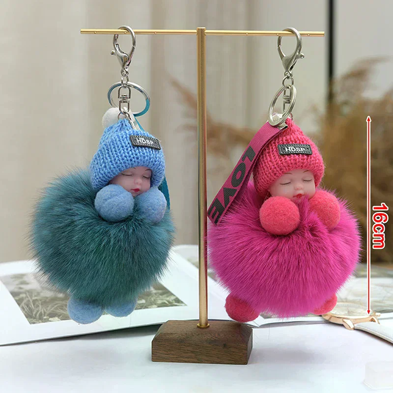 Pompom Sleeping Baby Keychain Cute Fluffy Plush Doll Keychains