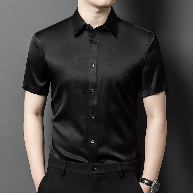 Solid Black Shirts For Men Mulberry Silk Premium Short Sleeve Cool Summer Quality Soft Comfortable Regular Fit Camisas De Hombre