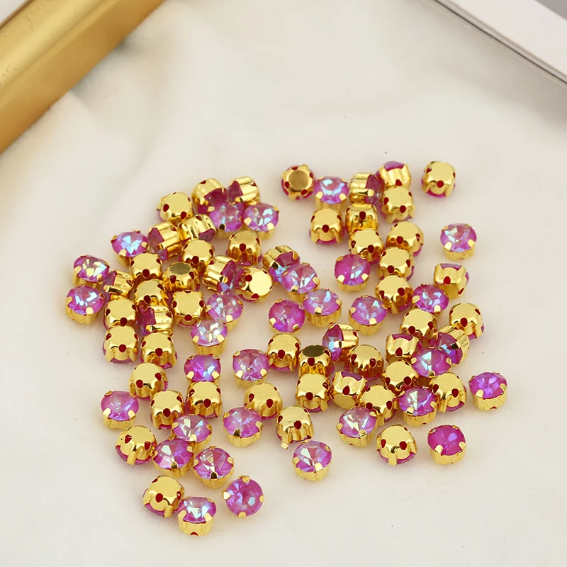 PEESOM 5/6mm 100pcs Mocha Color Series Sew On Round Rhinestone Gold Settings Flatback Glass Rhinestone for Sewing Accessories