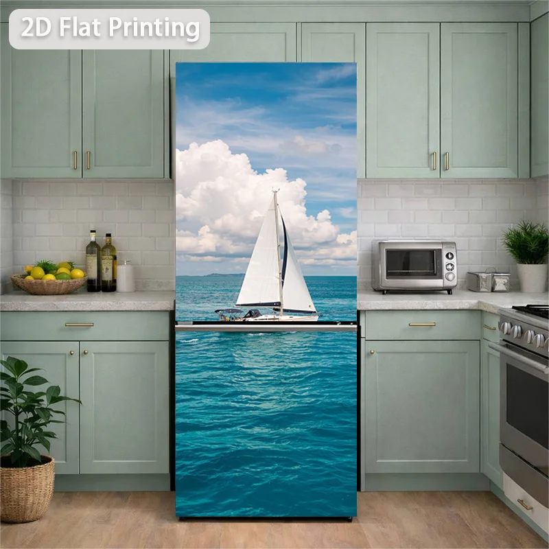 Refrigerator Sticker Blue Sea White Sail Theme Design Wall Decoration Self-Adhesive, Suitable for Cabinets And Wardrobes, Mode