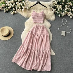 Summer Lace Patchwork Beach Two Pieces Sets Women Sexy Camisole+A Line Long Skirt Fashion Elastic Bohemian Suits