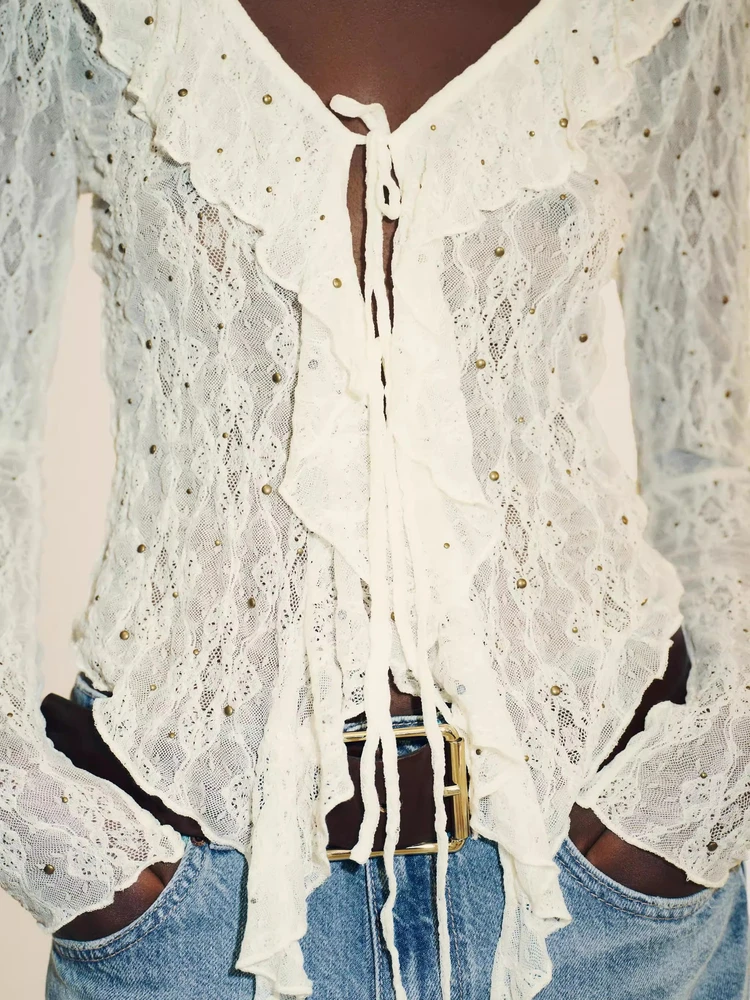 

Осень 2023, Новое поступление, женское модное V-Ne Long Sve, кружево, свободный крой, полиэстер, нейлоновый материал, дышащий, удобный