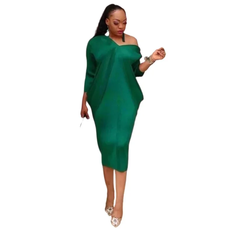 African Dresses For Women 2024 Elegent Fashion Style Draped Long Dress Office Summer V Neck Bat Sleeve Solid Color Loose Dress