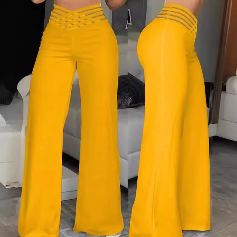 2026women's New Trend High Quality Temperament Elegant Solid Color Hollow Belt High Waist Straight Loose Trousers Wide Leg Pants