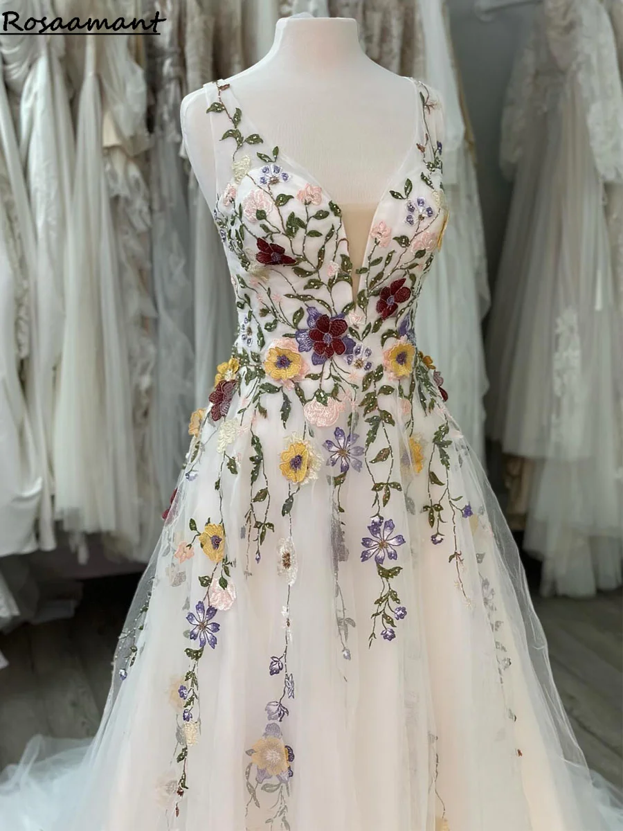 Beautiful Colorful Flower Wedding Dress Boho Fairy tale A Line 3D Florals Rustic Country Bridal Gowns Tulle Whimsical Bride 2024