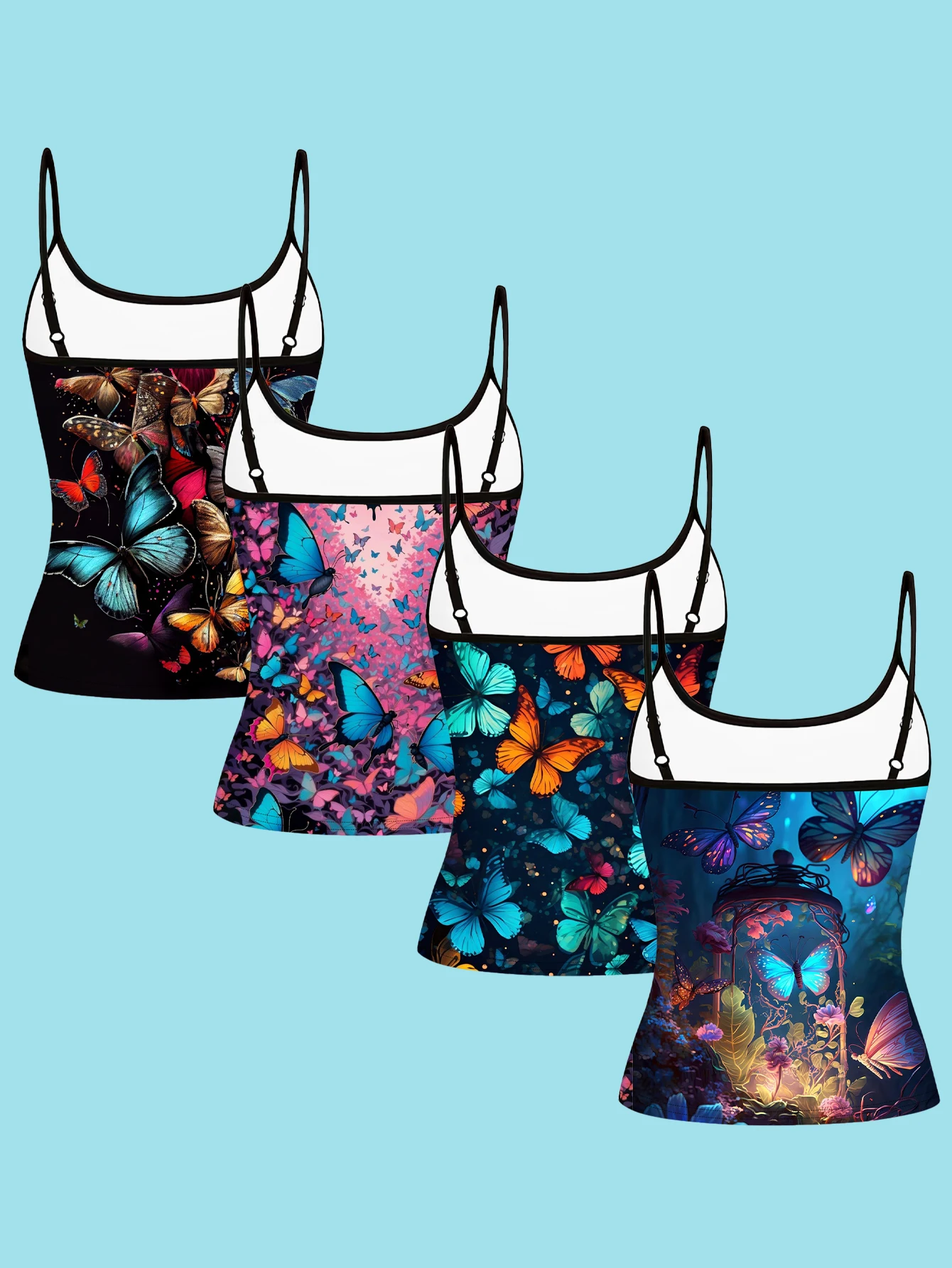 4-Piece Set of Women's Dreamy Neon Butterfly Print Camisoles, Dark Fantasy Butterfly Illustration Slim-Fit Spaghetti Strap Inner Tops