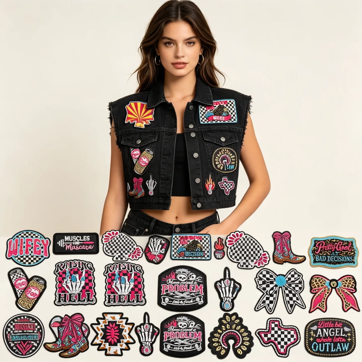 10Pcs Western Cowgirl Mixed Embroidery Iron On Patches,Skeleton Checkered Bow Cowboy Boot Slogan Applique for Clothes Trucker Ha