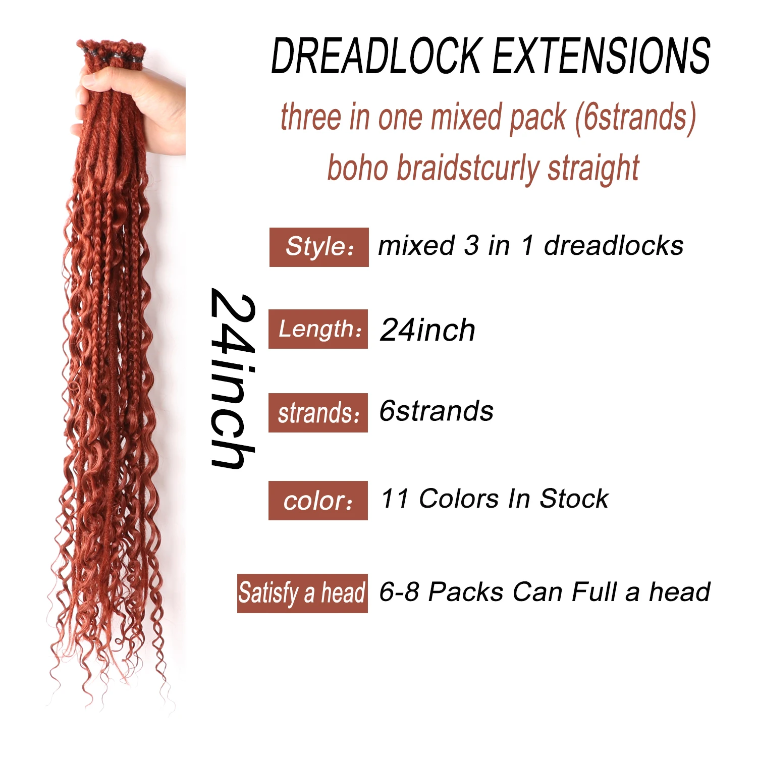 Sambraid Dreadlock Extensions 24 Inch Hippie Style Boho Wavy Dreads Dreadlock Extensions Synthetic Dreadloacks with Curly Ends