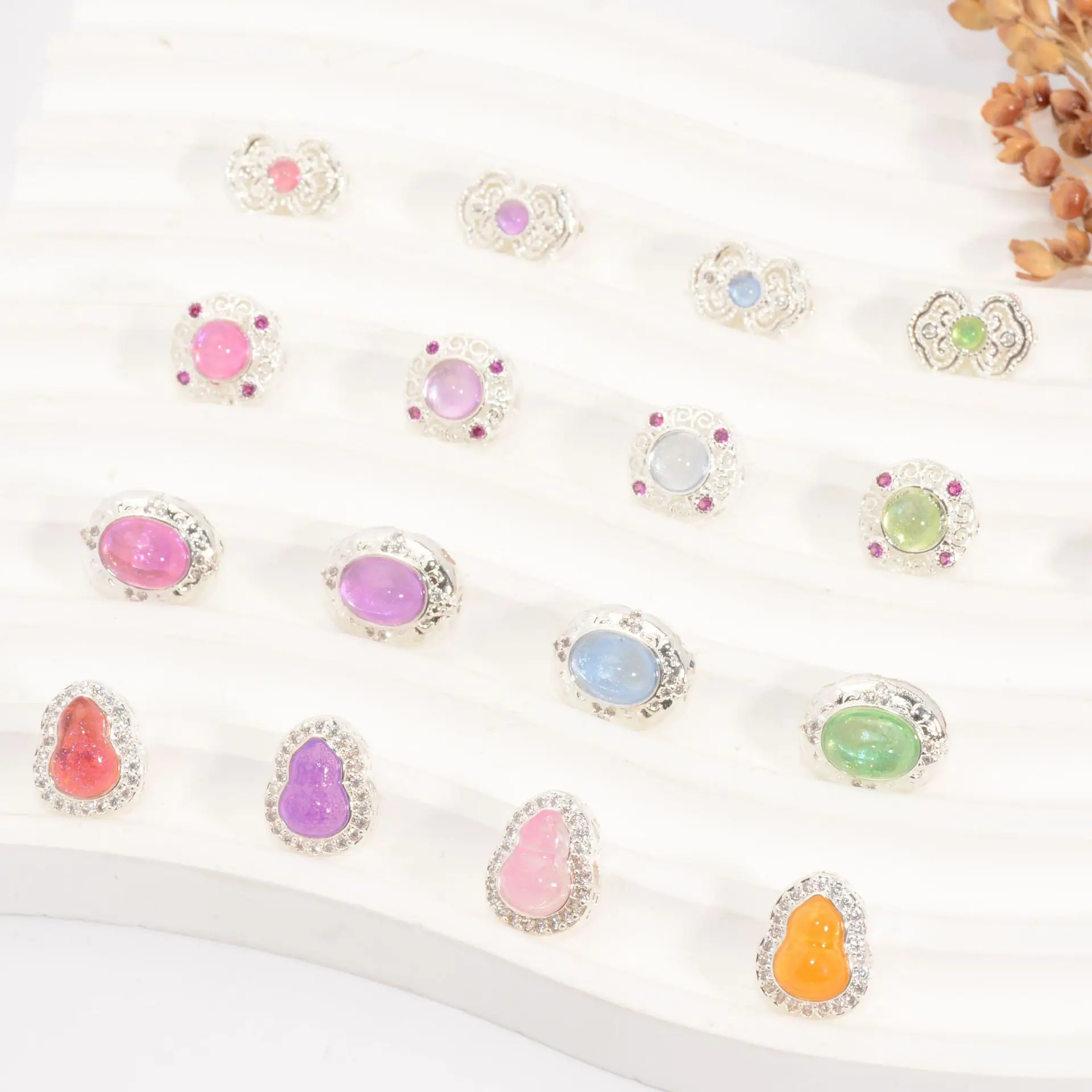 7 Pieces Jewelry Making Accessories Copper Silver Plated Inlaid with Moonstone Beads DIY Necklace Bracelet Material Wholesales