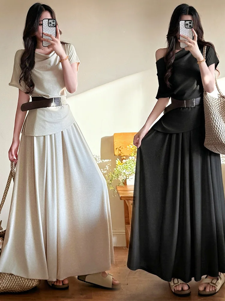 

Fashionable plus Size Summer Outfit Women's High Waist Short Sleeve Top And Half Skirt Two Piece Set Korean Style Slimming