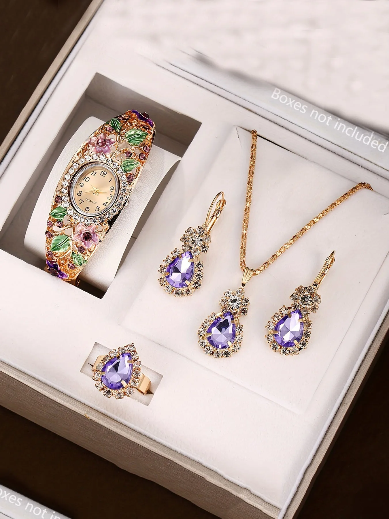 Elegant Purple Crystal Gemstone Wrist Watch Jewelry Set, All-match Ladies Accessory Gift for Wedding Party