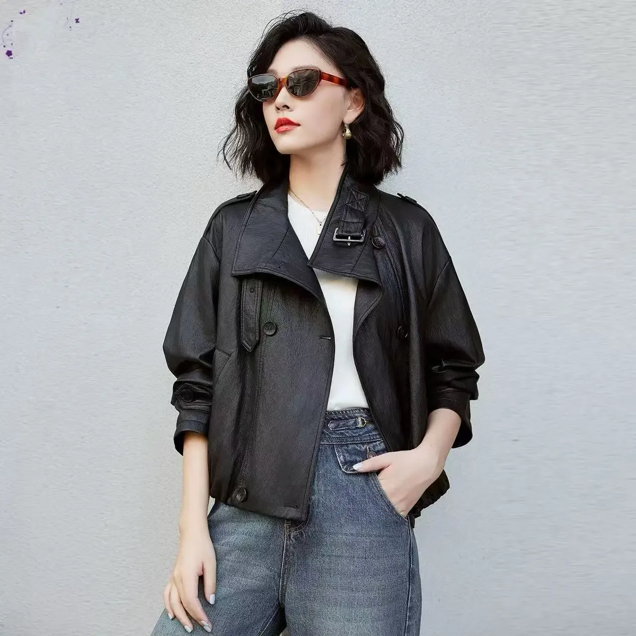 

2025 Spring Autumn New Chic Loose Long Sleeve Motorcycle Leather Jacket High-End Stand Collar Leather Coat Women's Short Outwear