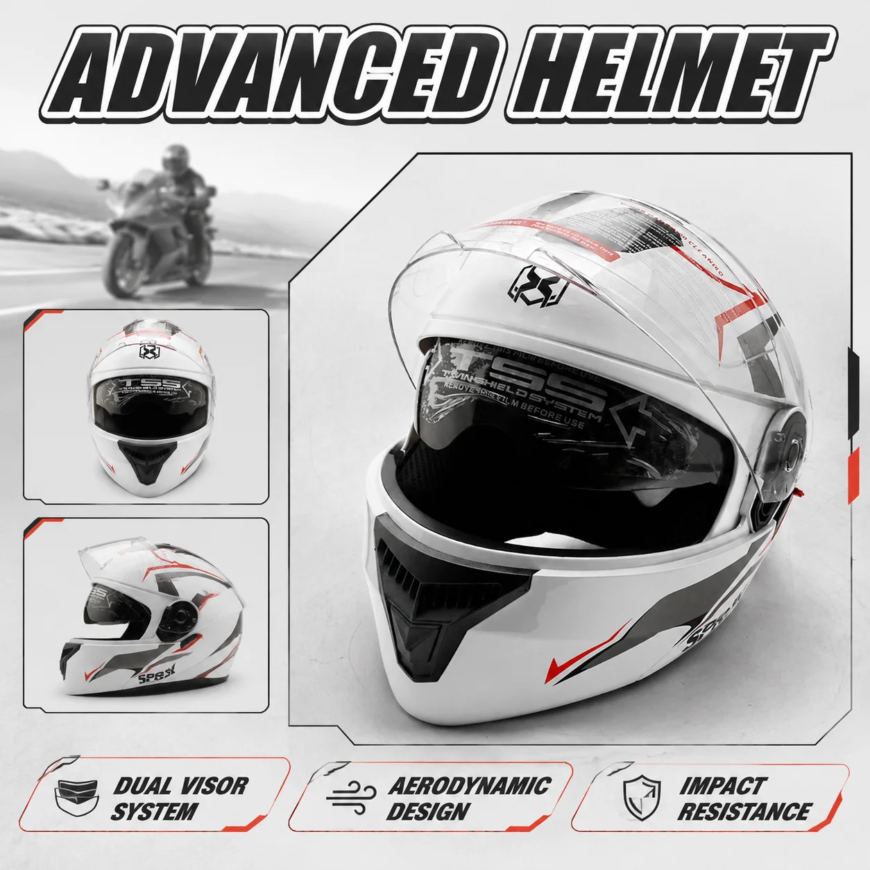 Casque de sécurité modulaire DOT avec mentonnière rabattable et double visière pour moto, vélo de route, unisexe, 54-61 cm, coque légère résistante aux chocs, rembourrage confortable, visière transparente anti-rayures