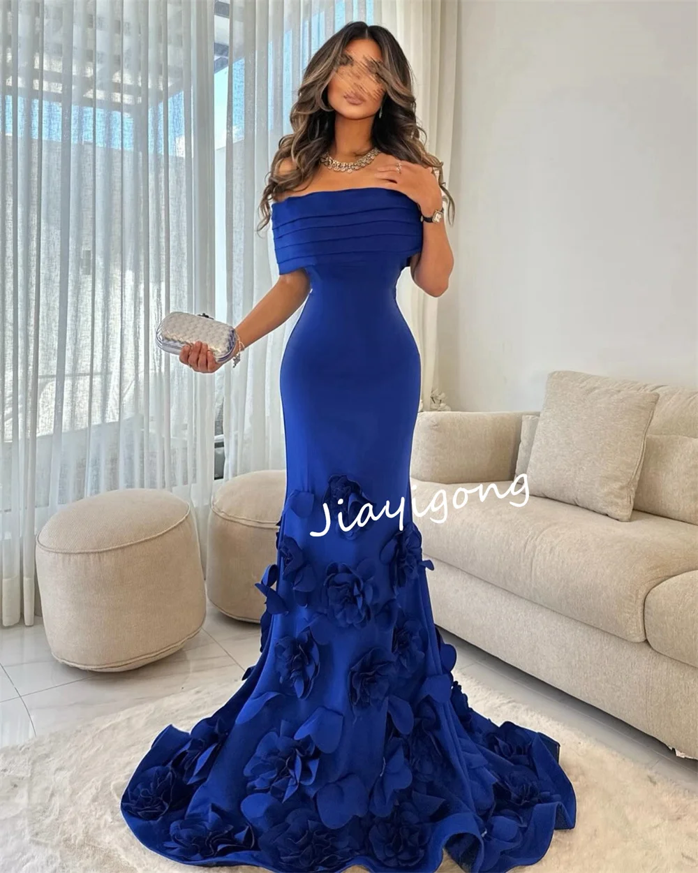 Customized Fashion Jersey Pleat Handmade Flower Trumpet Off-the-shoulder Long Dresses Bespoke Occasion Dresses Sizes Available