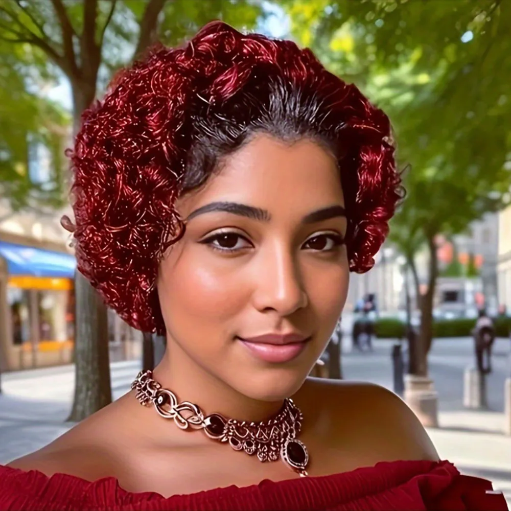 1B/99J Short Pixie Cut Wig Human Hair 6 Inch Curly Bob Wig 100% Human Hair Wig 13x1 Lace Front Wigs Pre Plucked For Women