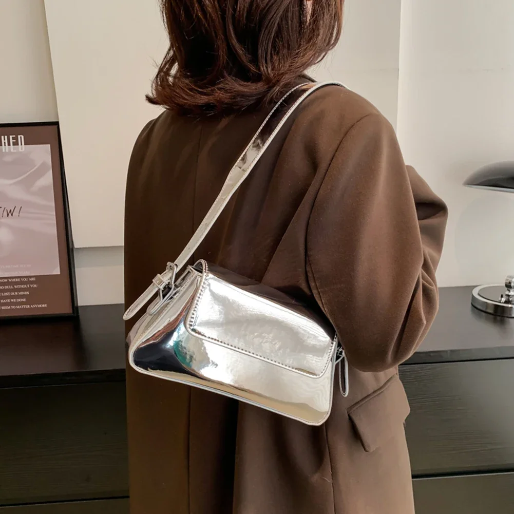 Bright PU Leather Handbag Luxury Brands Designer Small Tote Bag Women Silver Armpit Bag Ladies High Quality Fashion Shoulder Bag