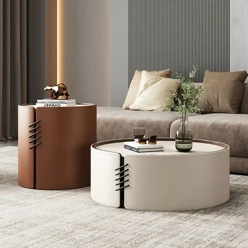 Living Room Furniture Tables Light Luxury Italian Style Saddle Leather Rock Slab Countertop Size Round Storage Coffee Table