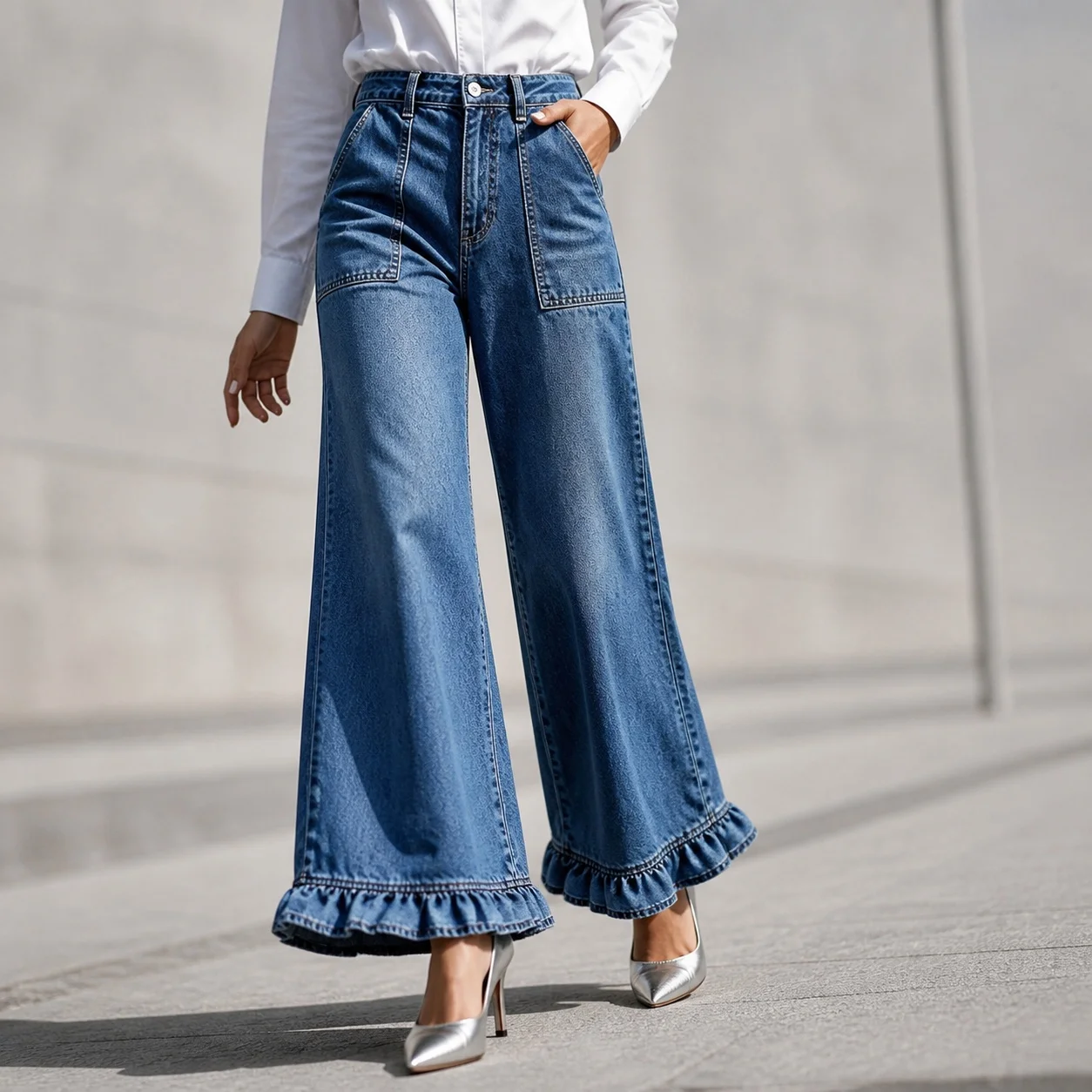 Women's Baggy High Waist Loose Straight Wide Leg Washed Cotton Vintage Long Ruffle Trim Denim Jeans for Women with Front Pocket