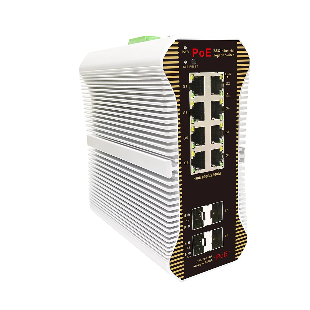 Bullscom محول الشبكة الصناعية المُدارة ذات 12 منفذًا |   8×2.5G PoE+ (30 واط/منفذ) + 4×10 جرام SFP |   غير مُدار |   غلاف معدني متين