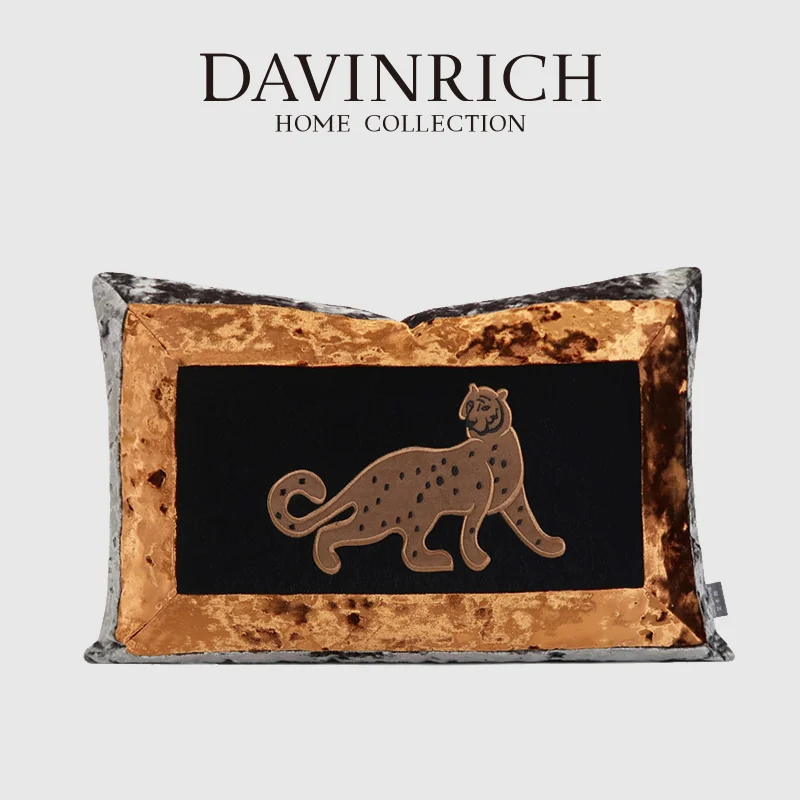 

DAVINRICH Italian Extravagant Style Lumbar Pillow Cover Panthera Patch Embroidered Modern Luxury Couture Cushion Case 40x60cm