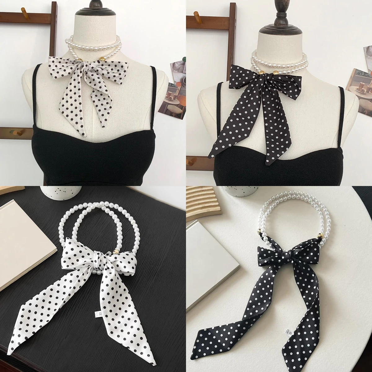 

Pearl Splicing Polka Dot Scarf Fluttering Ribbon Waist Belt Neck Ribbon Elegant Stripes Retro Headscarf High-end Versatile Scarf