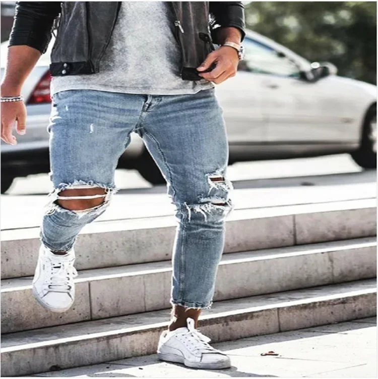 Hole Jeans Men Washed Pencil Pants Mid Waist Button Pockets Zipper Fly Basics Ankle Length Trousers 2025 Casual Vintage Denims