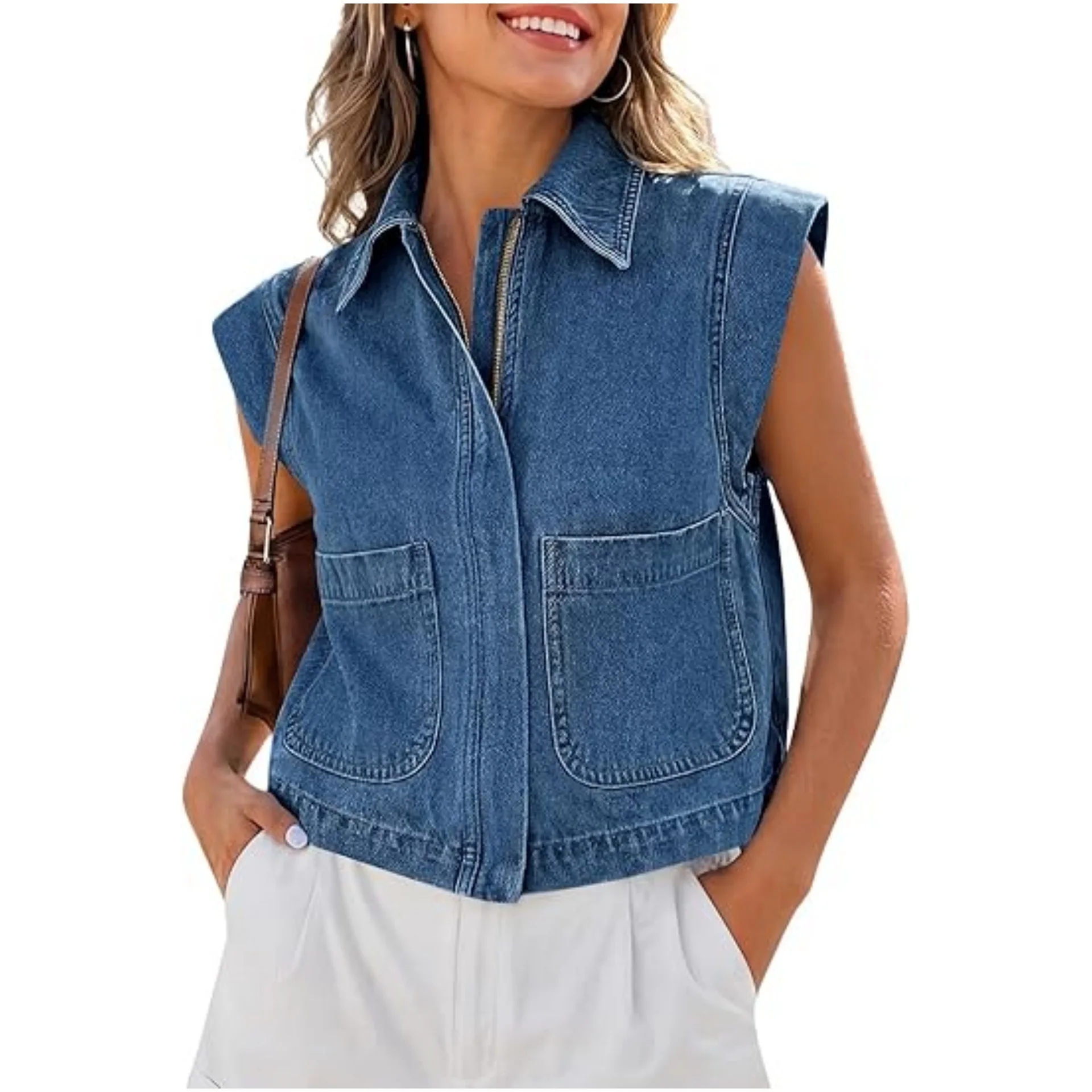 High End Women's Zipper Denim Vest Top Spring Summer Short Vest Jacket Fashion Casual Sleeveless Waistcoat Female Knit Traf
