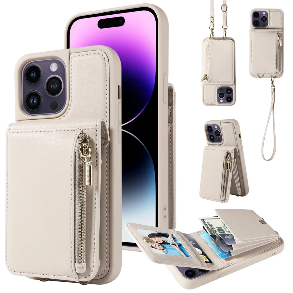 Zipper Multi Card Wallet Leather Case For iPhone 15 14 13 12 Pro XS Max X XR 7 8 6S Plus Crossbody Lanyard Strap Holder Cover