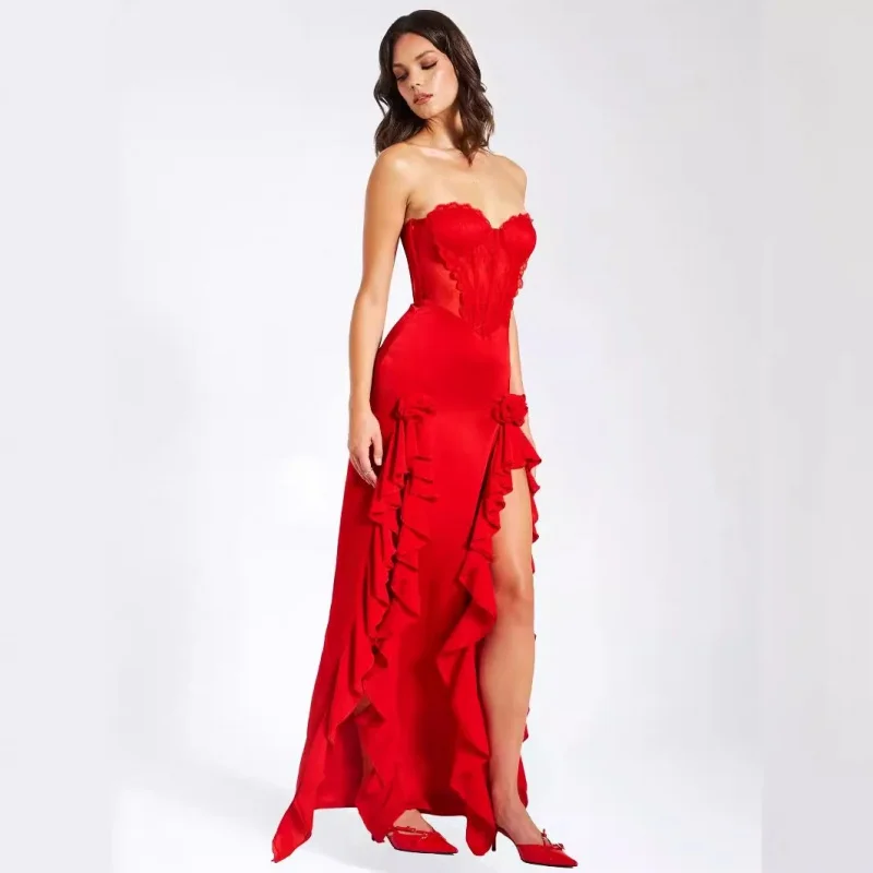 European and American Sexy Women's New Ruffled Irregular Hem Lace Tube Top High Waist Dress