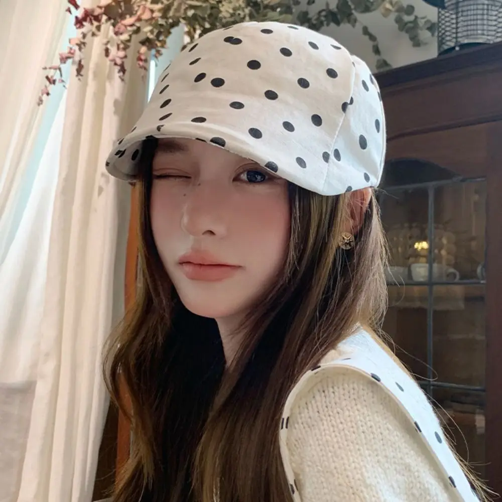 Casual Y2k Polka Dot Beret Thin Cotton Forward Cap Dot Leopard Visor Retro Painter Hat Girl