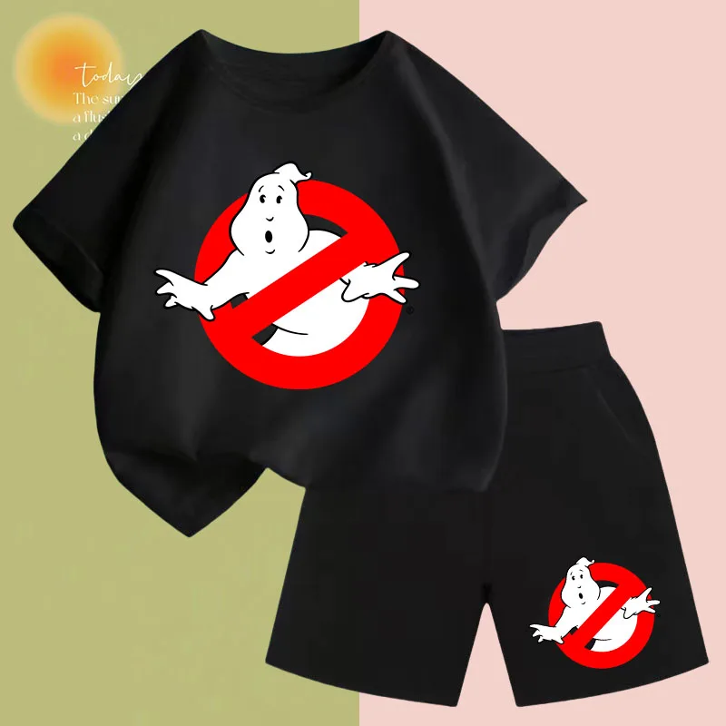 New Summer Boys Girls Kids T-shirt set Shorts Fun Ghostbusters games cartoon anime cotton printed short sleeve top for teens