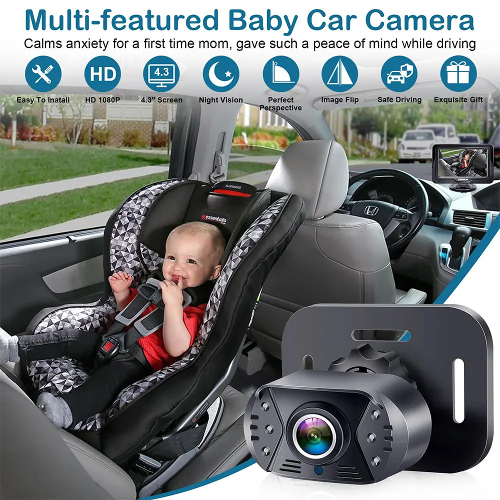 Car Baby Camera HD 1080P Rear Car Baby Monitor Adjustable Viewing Angle Backseat Car Camera 4.3'' Infrared Night Vision Monitor