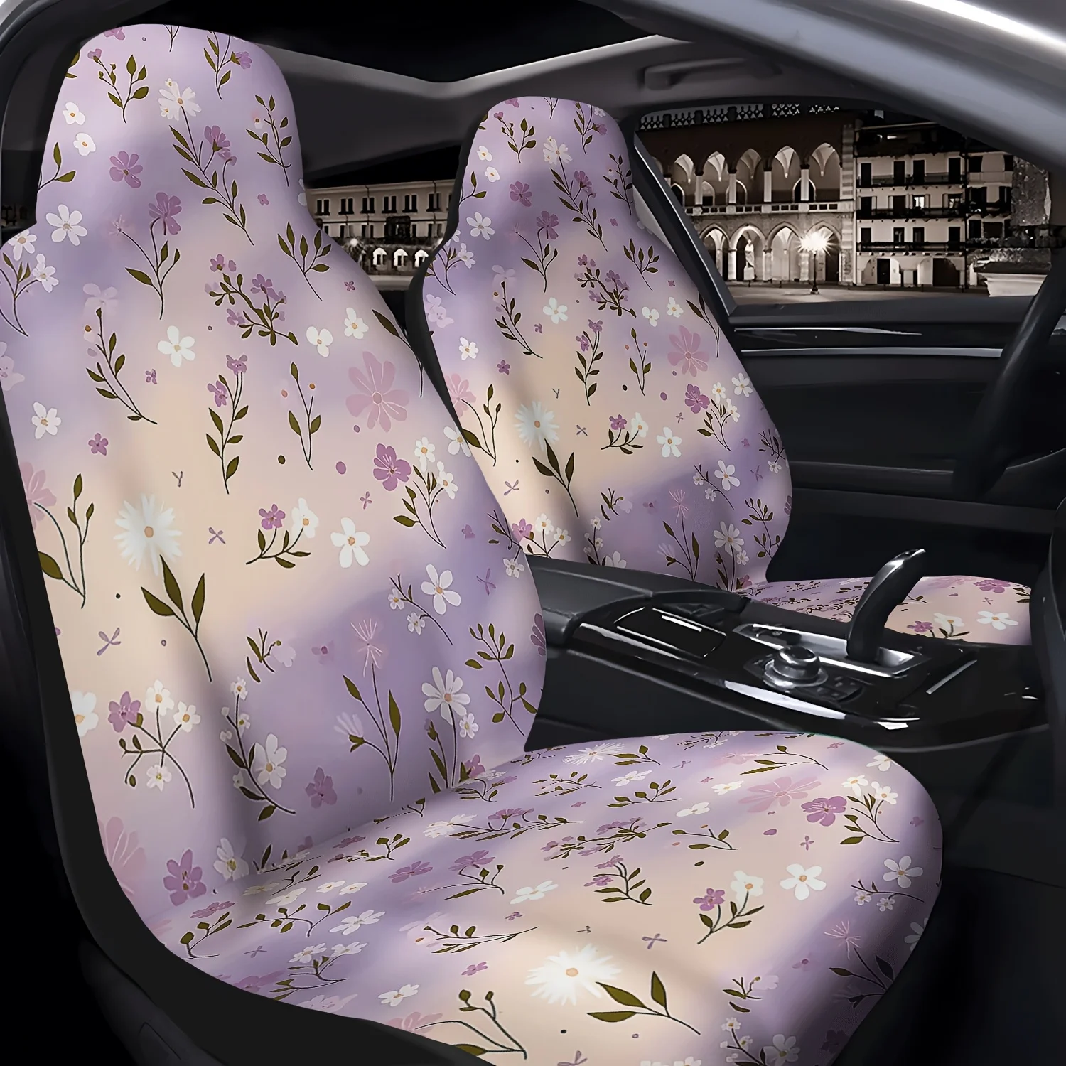 Set Of 2 Purple Floral Patterned Car Seat Covers, Cute Interior Additions For Front Seats, Suitable For Cars, Trucks, Vans, Suvs