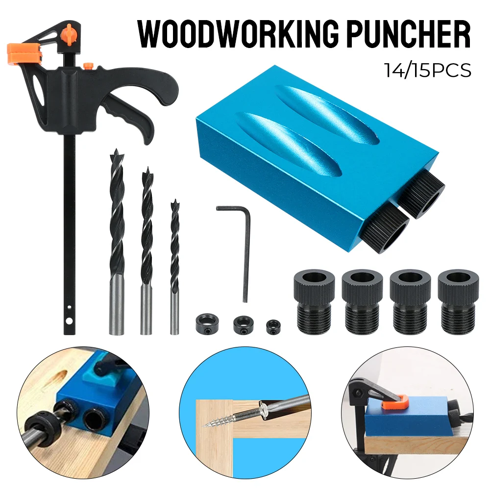 7/14/15Pcs Hole Puncher Woodworking Hole Drilling Guide Locator 15 Degrees Pocket Hole Jig Kit With Drill Bit Set