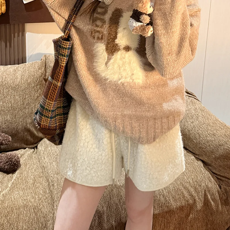 

Модные короткие брюки из овчины Y2k для женщин, верхняя одежда в стиле Харадзюку, осенне-зимний стиль, брюки А-силуэта с высокой талией, облегающие брюки, повседневная одежда