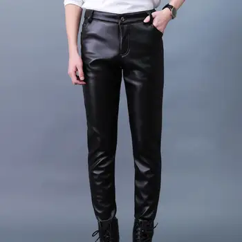 Pantalon en similicuir pour homme, coupe slim lisse, poches fjPockets, taille moyenne, élastique doux, moto, streetwear, club, fjlong