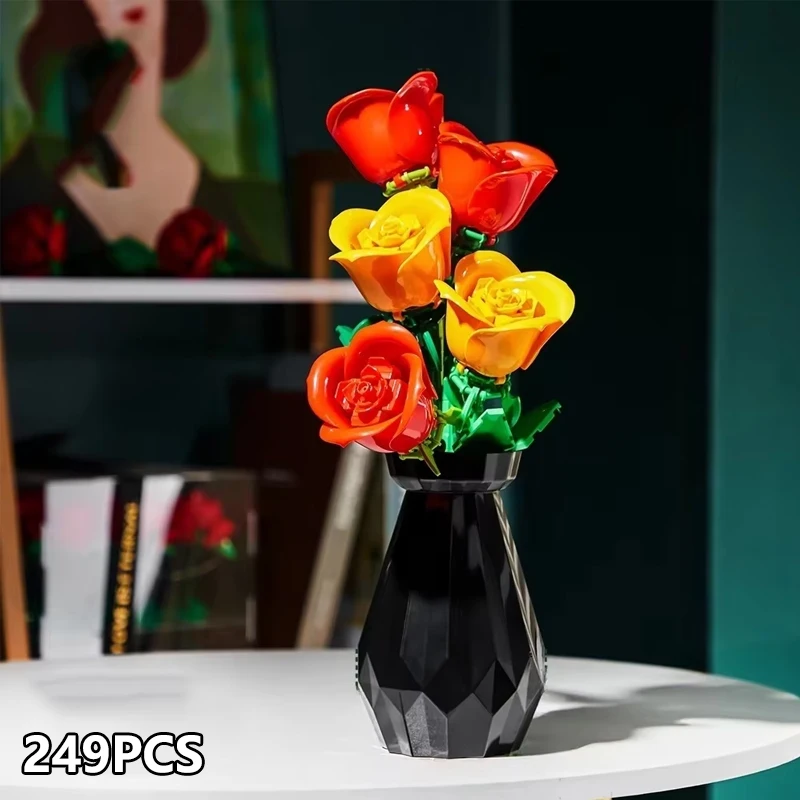 Vase Rose/Tulips Flower Model Building Blocks Set Home Decoration 3D Bouquet Assembly DIY Bricks Kids Toys Adult For Girls Gifts