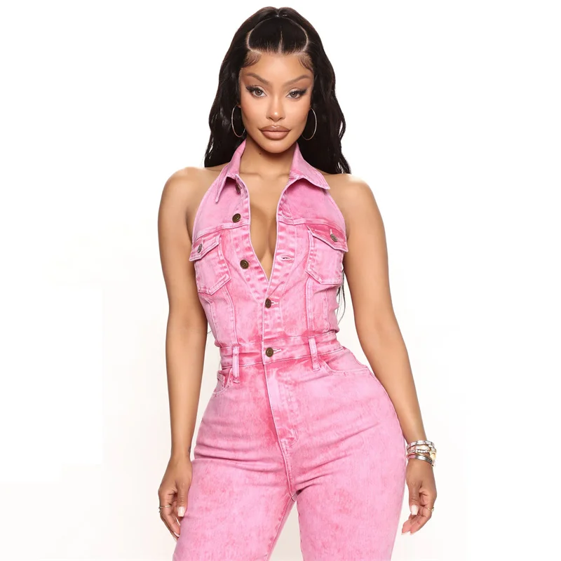 

2025 Jumpsuit Women's Stretch Slim Sexy Backless Jeans Sleeveless Straight Trousers Summer Streetwear Washed Denim Skinny Jeans