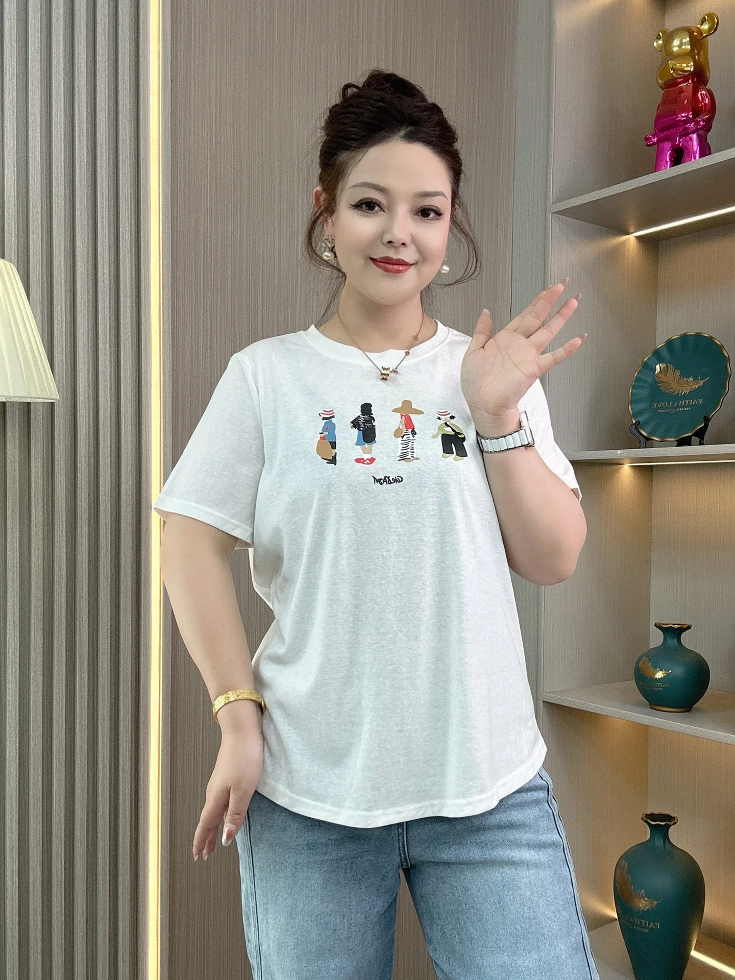 

plus Size Women's Summer New Cartoon Print ort Sve T-irt Loose Slimming Casual White Top for Plump Sister