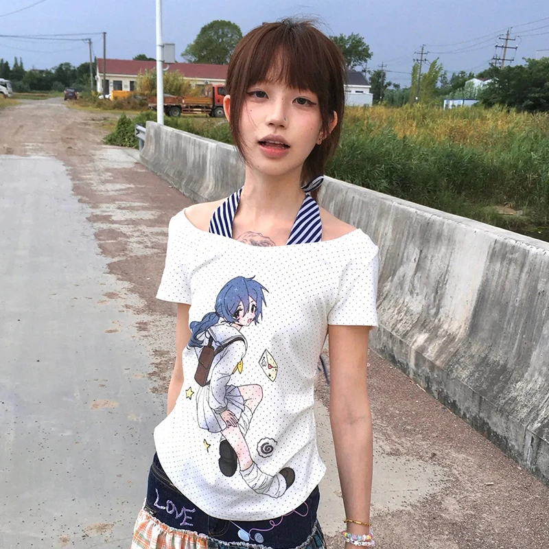 Karrram Japanese Y2k Fake Two-piece Tops 2000s Style Anime Print T-shirt Vintage Harajuku Short Sleeve Crop Top Kawaii Cutecore - view 5