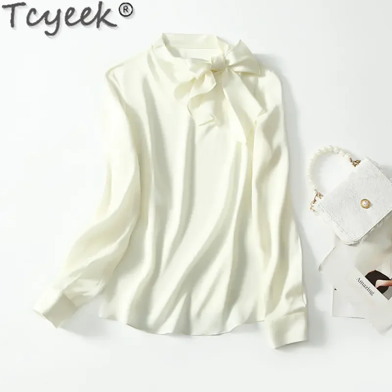 

Tcyeek Elegant Long Sleeve Top Spring Summer Women's Blouses Bow 2023 Women Clothing 100% Mulberry Silk Blouse Blusa Feminina LM