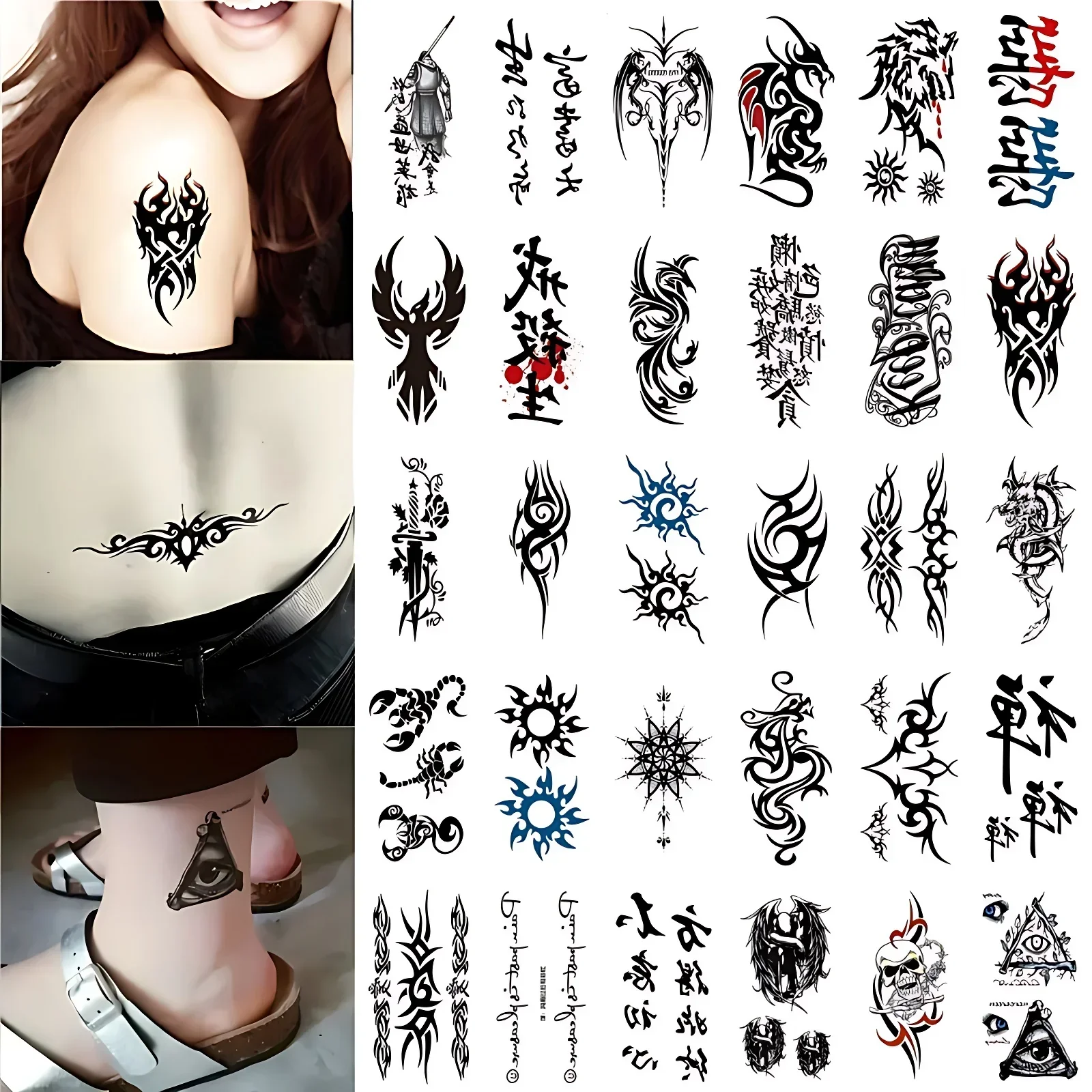 30pcs/set Temporary Tattoo Chinese Letter Skull Totem Sword Dragon Eye Water Fake Transfer Tattoo Long Lasting for Men Boy Adult