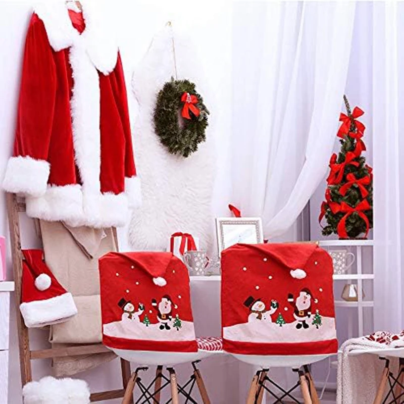 4PCS Christmas Chair Covers Dining Chair Slipcovers Set Santa-Claus & Snowman-Red Hat Xmas Chair Back Covers