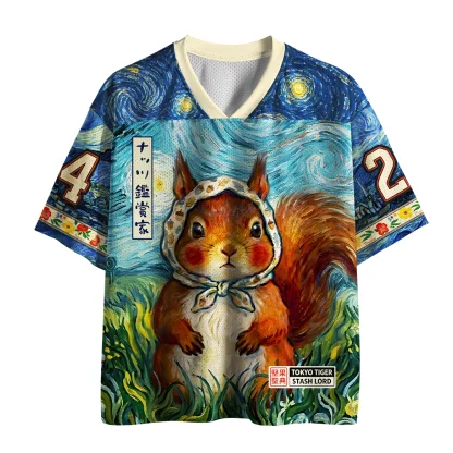 Mesh V Neck Short Sleeve Jersey, Squirrel Starry Night Art Print Tee, Van Gogh Inspired Aesthetic Loose Mesh Sports T-shirt