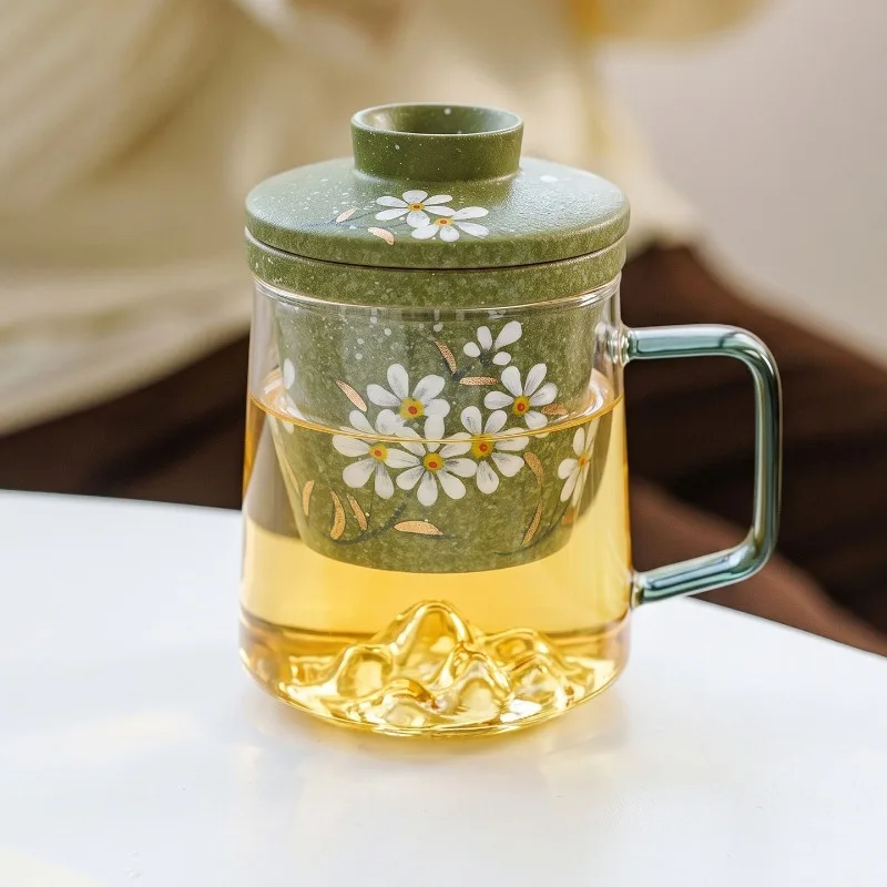 Glass Tea Infuser Cup with Daisy Pattern Gold Rim Ceramic Liner Tea Water Separation Mug for Office Green Tangerine Tea