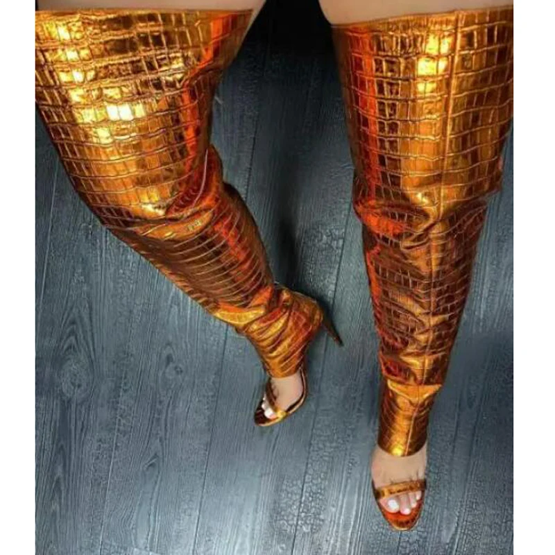 

Laser Shiny Orange Blue Stone Leather Thigh Sandals Boots Strap Open Toe 10 12 CM Stiletto Heel Bling Over Knee Boots Women