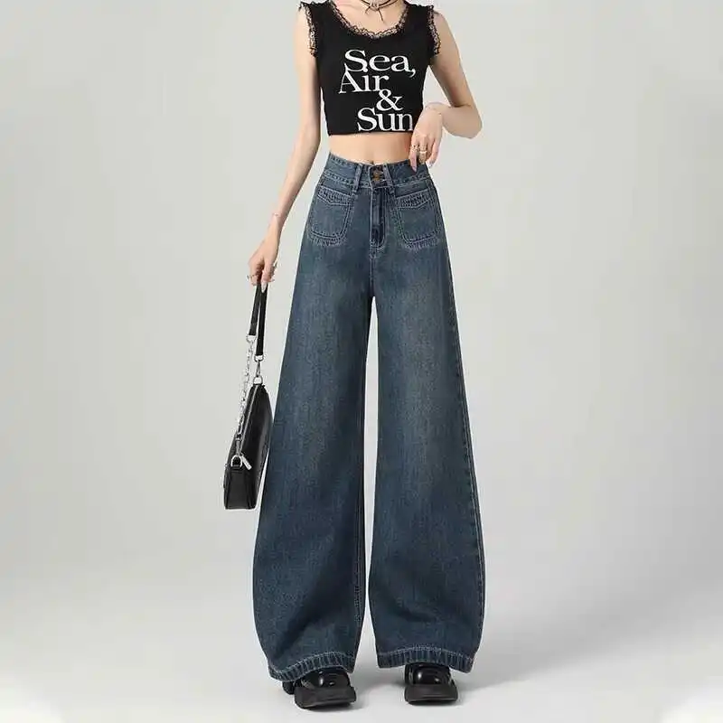 High Waist Wide Leg Straight Cut Blue Jeans Women's Fashion Loose Drapey Floor Length Trousers Autumn Season Cotton Stretch D...
