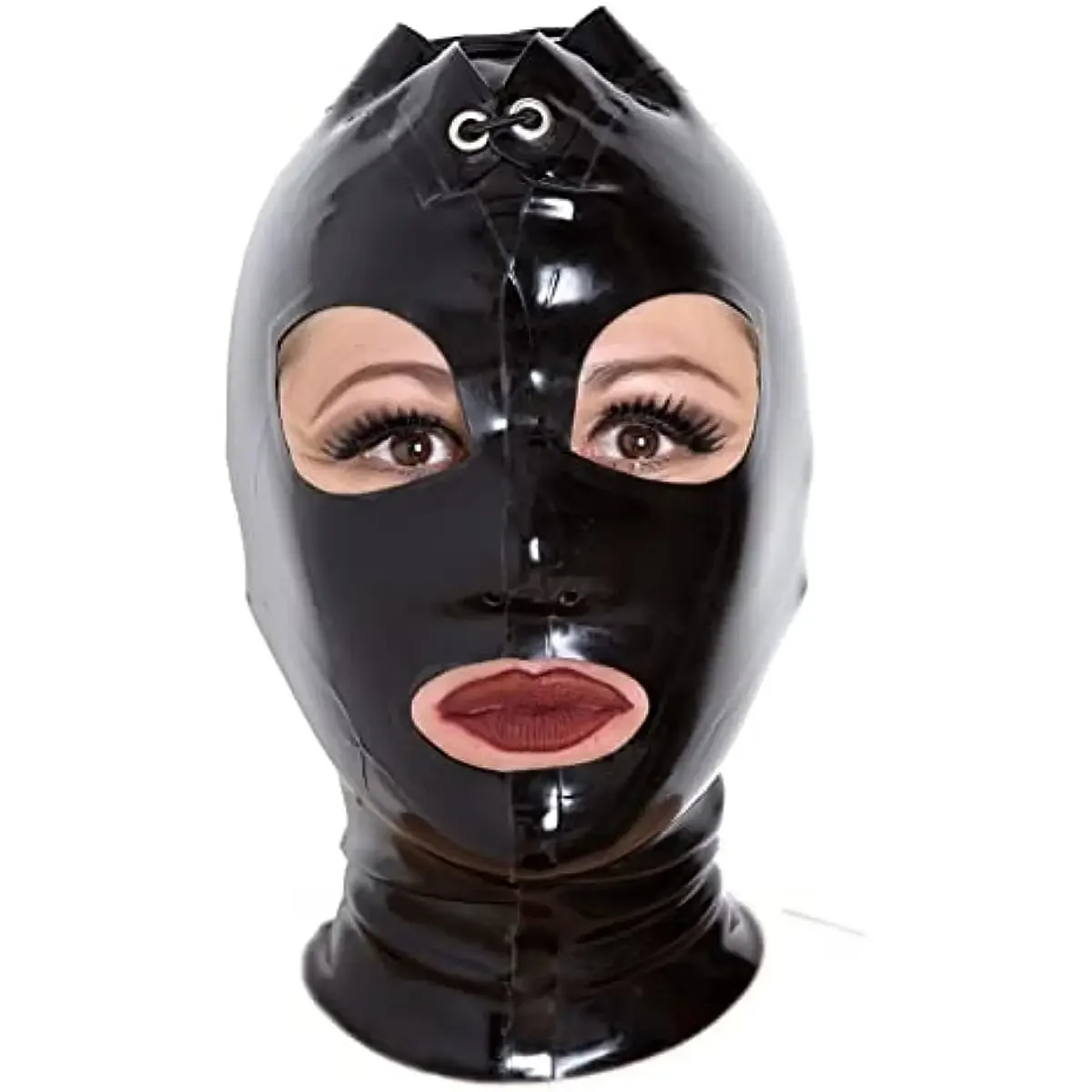 Latex Hood หน้ากากผู้หญิงหน้ากากใบหน้าเต็มรูปแบบสีดํา Lace up ยึด Party Latex Mask