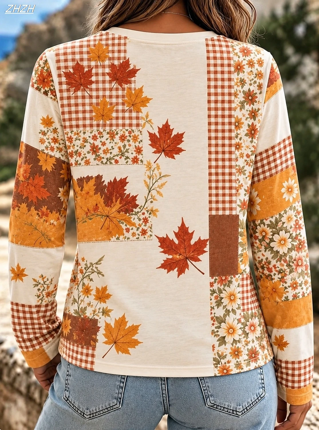 Women Round Neck Long Sleeve Tee Patchwork Maple Leaf Pumpkin Print Fall Tops